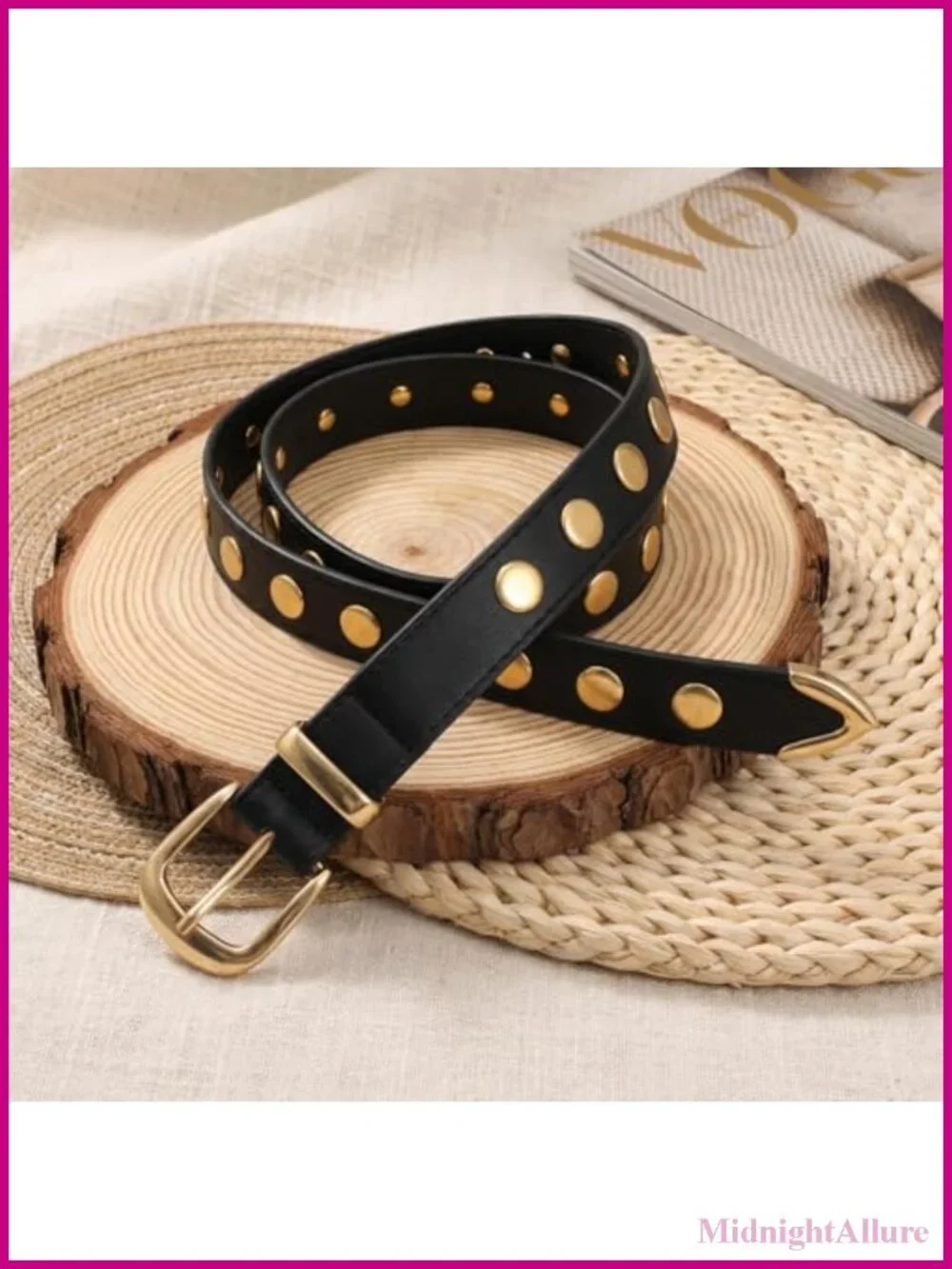 PU Leather Studded Belt with Gold Buckle for Women Jeans Dresses